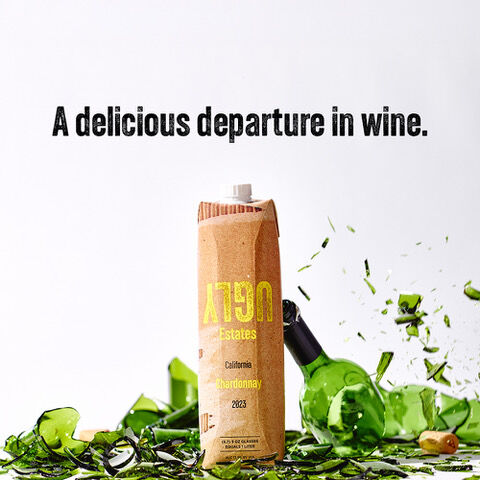 33% more wine. 100% less snob. Ugly Estates Chardonnay wine box and broken wine bottle
