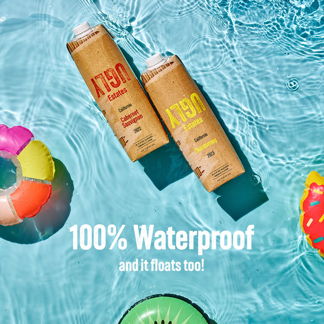 Ugly Estates wine floating in the pool. 100% Waterproof