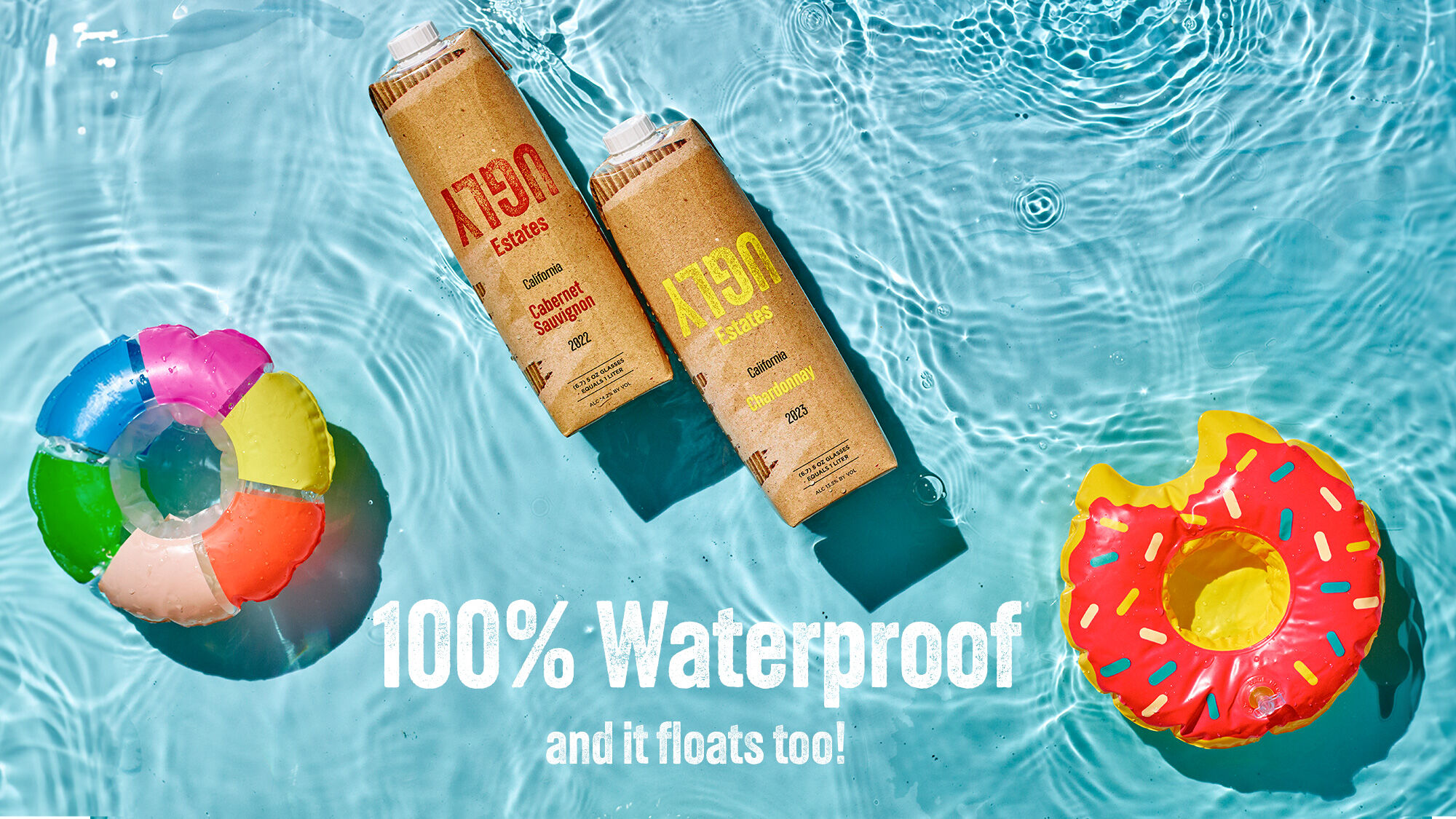 Ugly Estates wine floating in the pool. 100% Waterproof