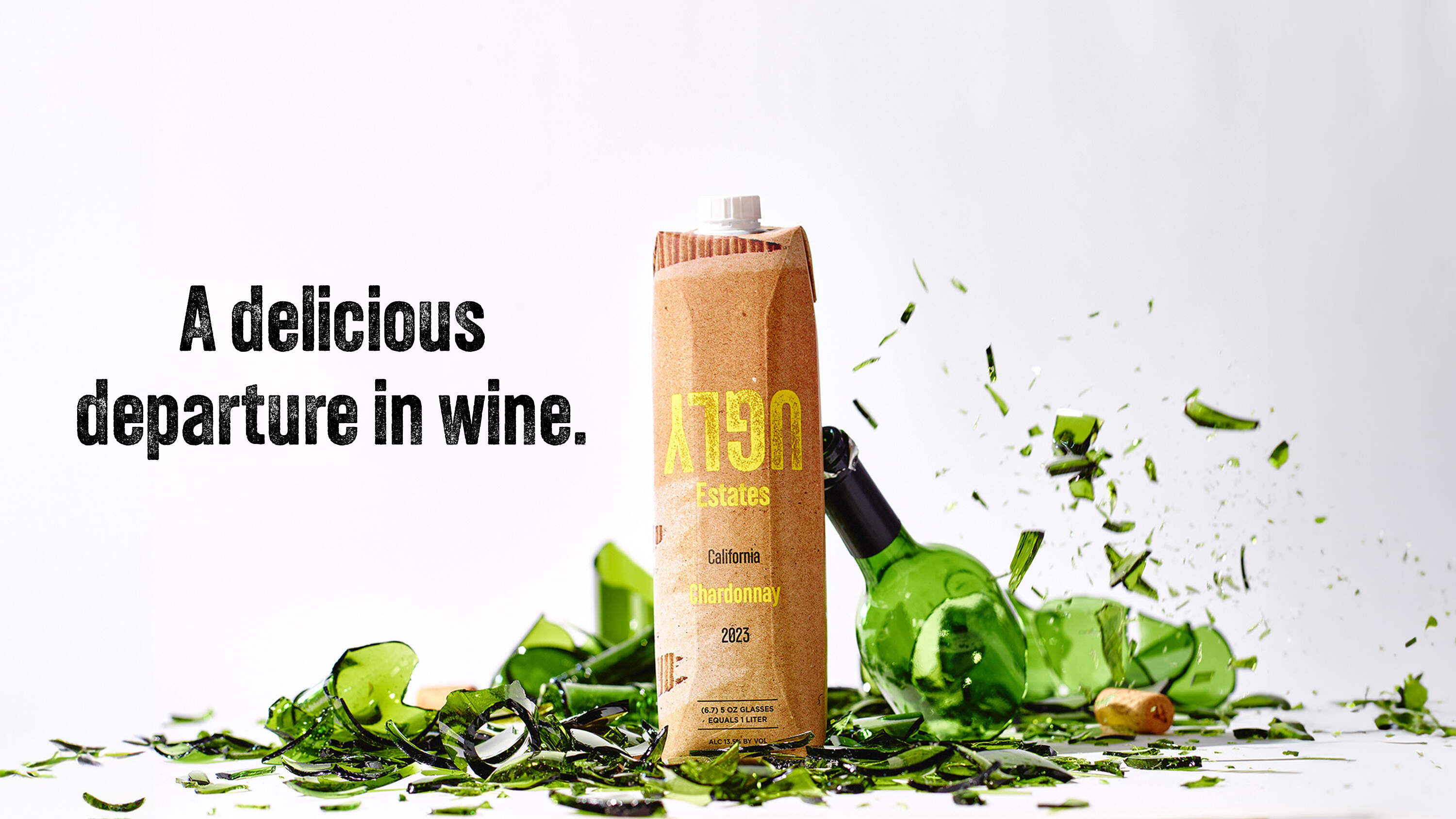 33% more wine. 100% less snob. Ugly Estates Chardonnay wine box and broken wine bottle